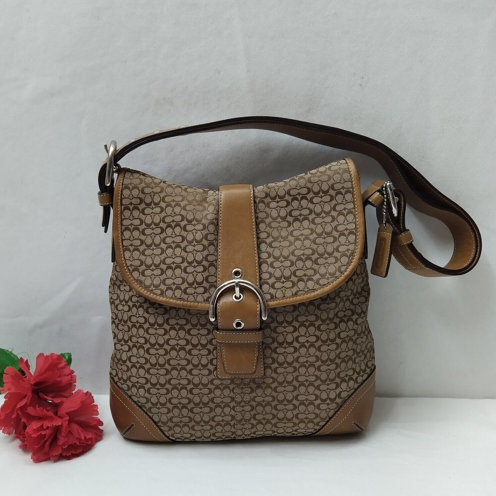 Coach Signature Brown Canvas Leather Trim Convertible Crossbody Shoulder Bag
